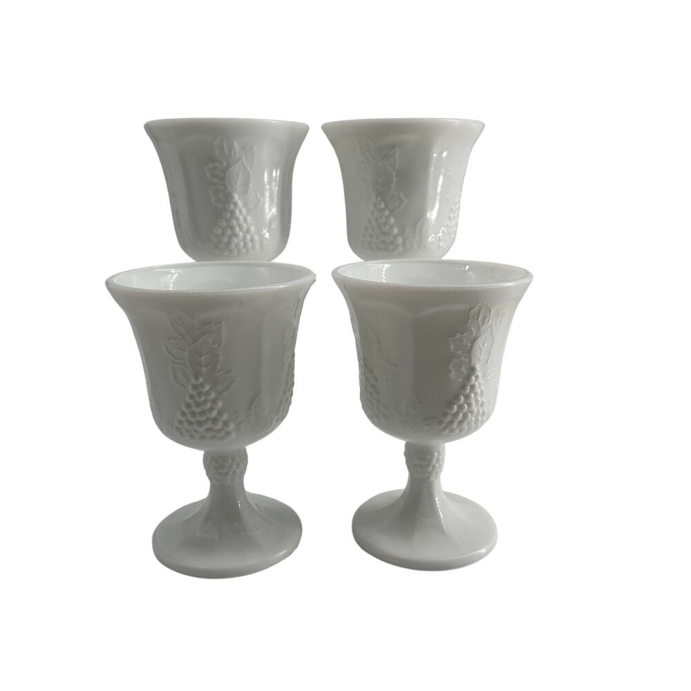 Vintage White Grape Pattern Pedestal Goblets Set of 4 Cottage Decor Holiday